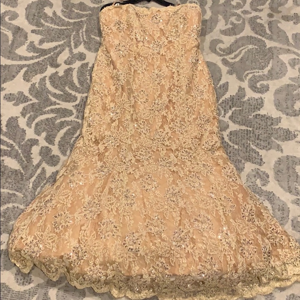 Camille La Vie Gold Lace Trumpet Dress